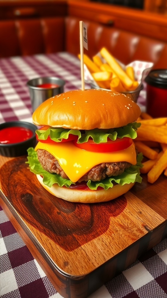 A classic cheeseburger with melted cheese, lettuce, and tomato on a toasted bun, served with fries.